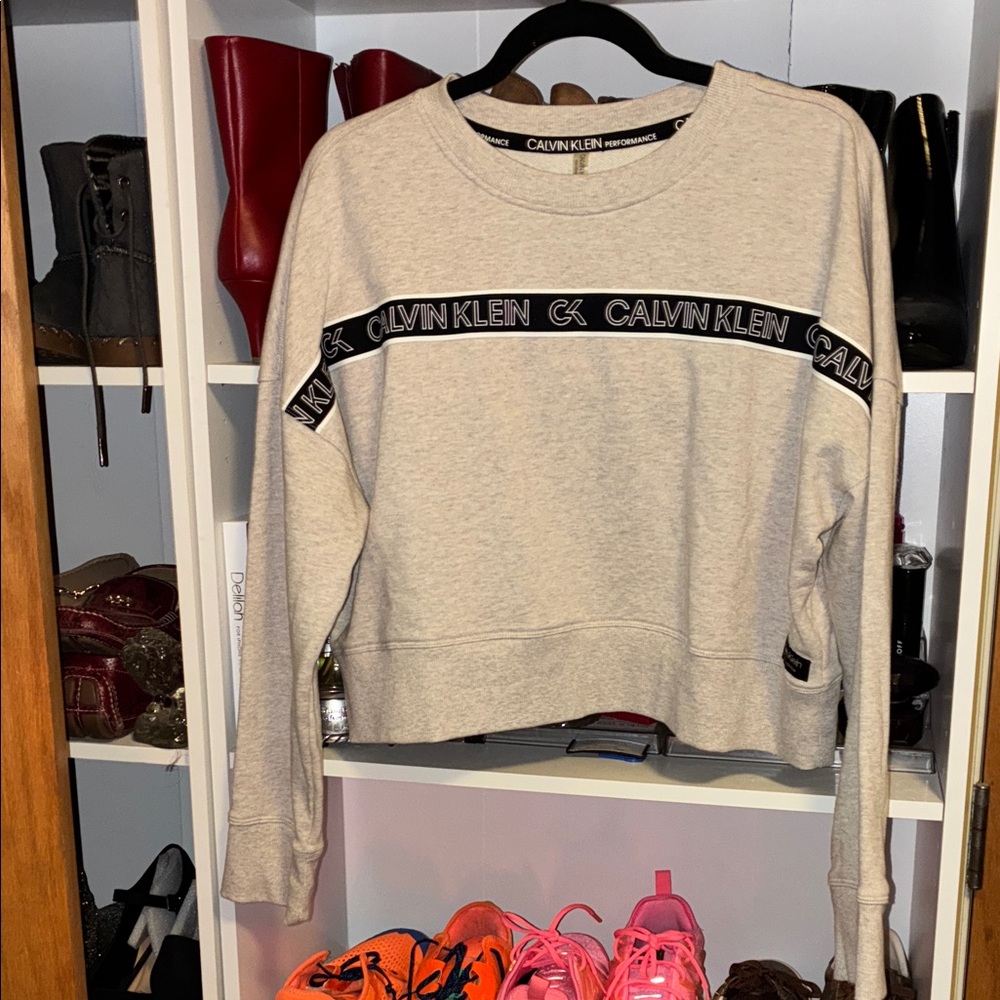 Calvin Klein Light Gray Logo Tape Band Crop Sweatshirt Large